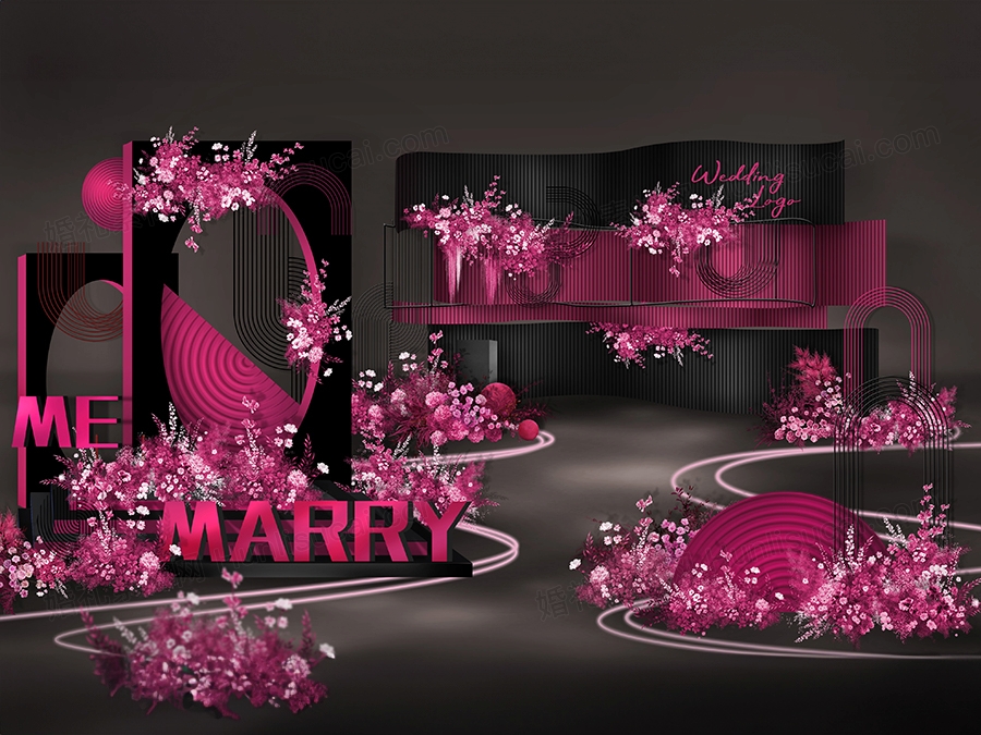 黑色枚红色撞色风格婚礼设计秀场风现代效果图素材psd源文件 - 婚礼素材网
