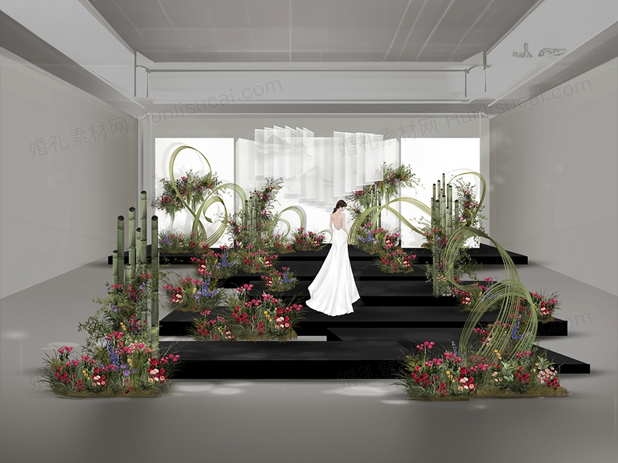 绿色竹子竹条竹篾现代艺术小众风格婚花艺婚礼设计效果图素材 - 婚礼素材网
