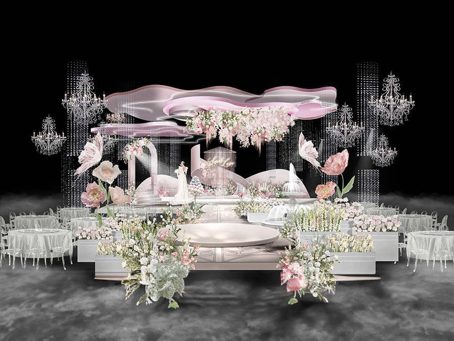 粉色欧式简约风格水彩浪漫温馨婚礼设计效果图舞台展示区素材 - 婚礼素材网