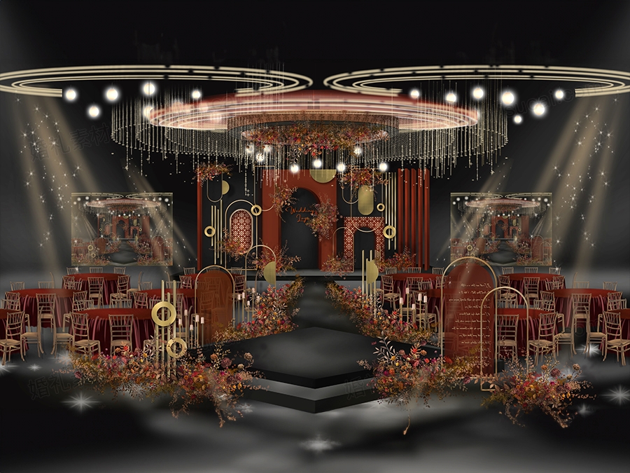 红黑色创意撞色个性婚礼设计舞台效果图展示区背景布置素材psd - 婚礼素材网