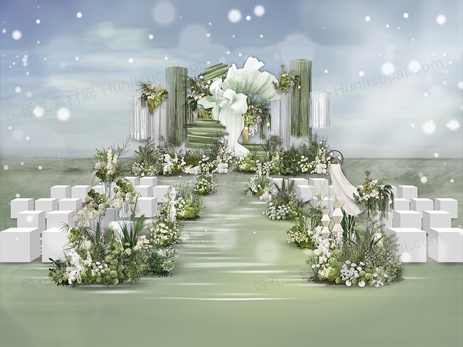 白绿色户外草坪婚礼设计效果图布艺纸花手绘花艺psd素材源文件 - 婚礼素材网