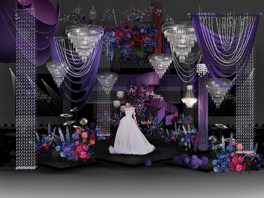 蓝紫色水晶婚礼设计效果图手绘布艺花艺水晶灯马赛克背景素材 - 婚礼素材网