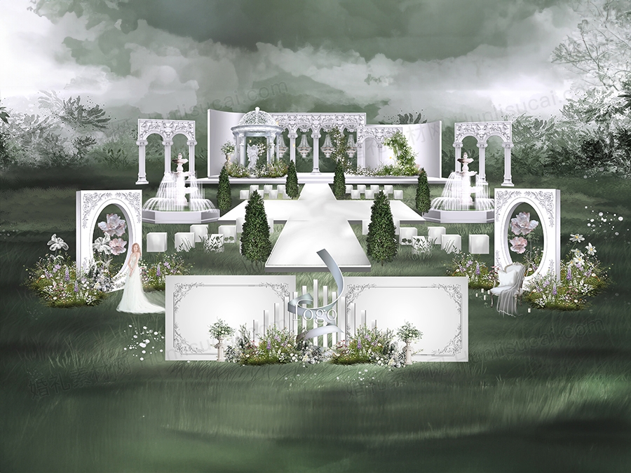 白色户外草坪婚礼小香风法式婚礼设计效果图素材psd源文件 - 婚礼素材网