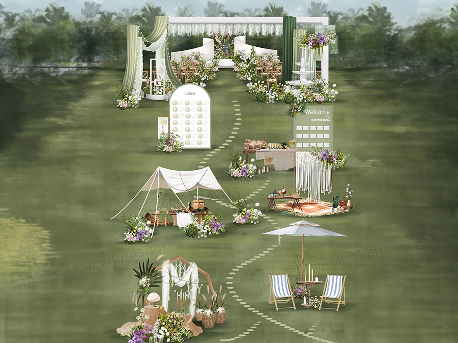 绿色户外草坪婚礼设计效果图户外游园会帐篷伞素材psd源文件 - 婚礼素材网