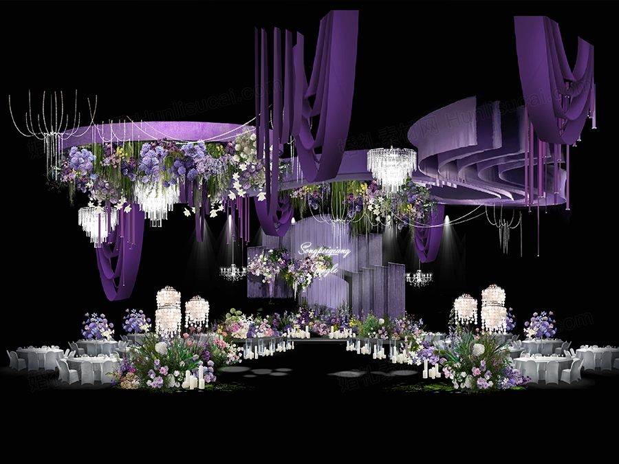 紫色现代风格创意小众线帘毛线布艺背景婚礼设计效果图素材psd - 婚礼素材网