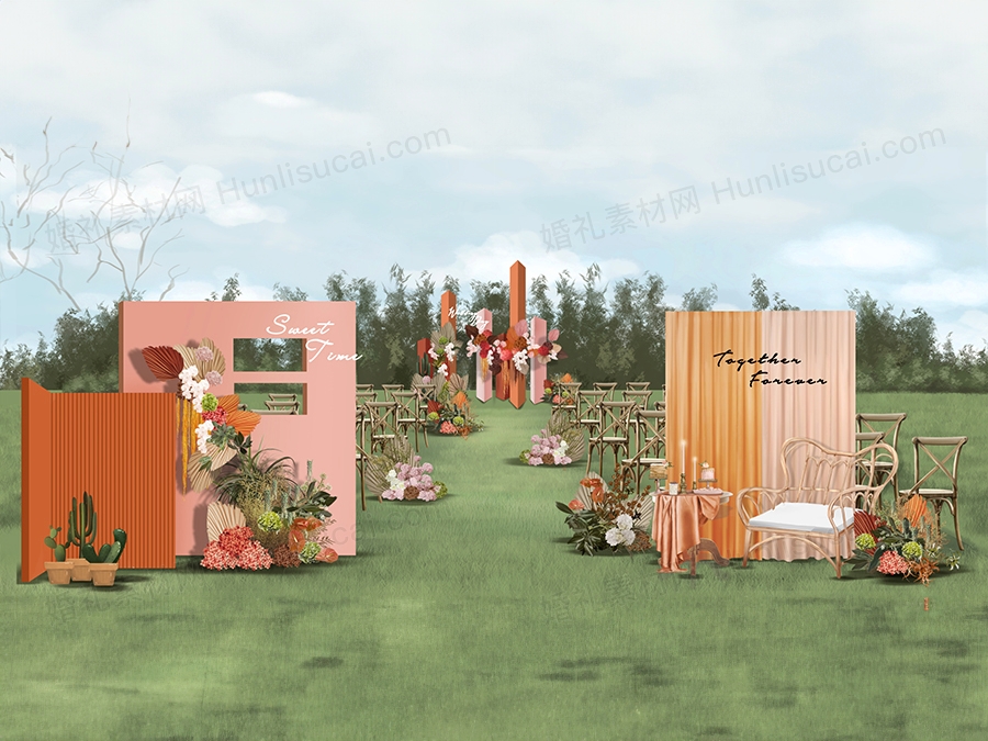 橘色现代小众创意户外草坪婚礼设计效果图素材psd源文件 - 婚礼素材网