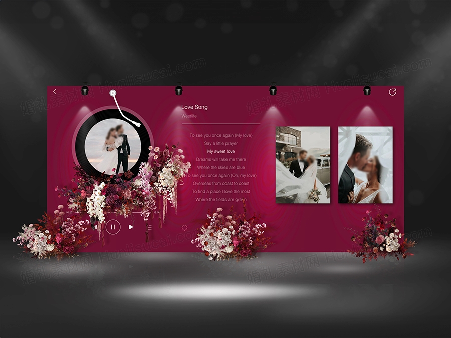 枚红色留声机婚礼设计效果图布置照片墙音乐播放器PS设计图素材 - 婚礼素材网