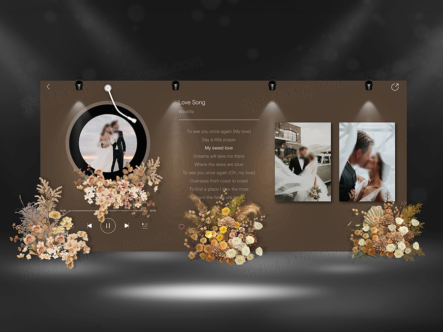 咖色留声机婚礼设计效果图布置照片墙音乐播放器PS设计图素材 - 婚礼素材网