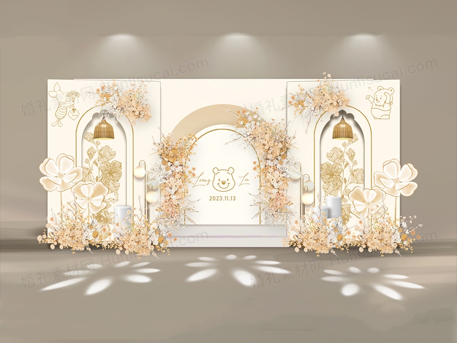 香槟色维尼熊法式小香风婚礼设计订婚小清新背景设计效果图素材 - 婚礼素材网
