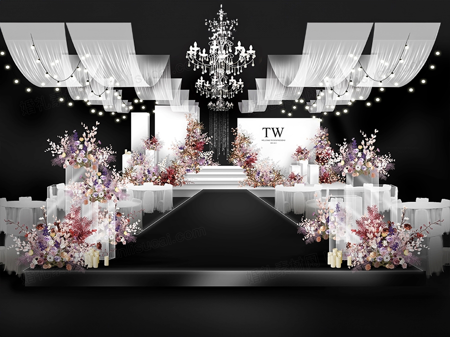白色INS简约韩式极简风格高端秀场风格婚礼设计效果图素材 - 婚礼素材网