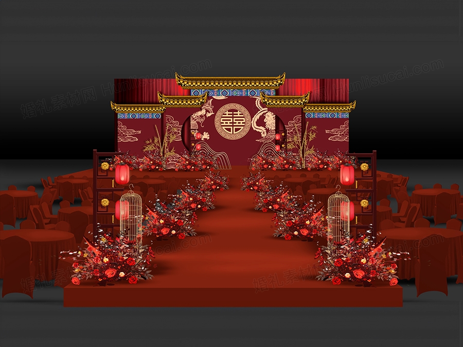 红色喜庆屋檐大喜背景古典婚礼设计舞台效果图背景方案素材psd - 婚礼素材网
