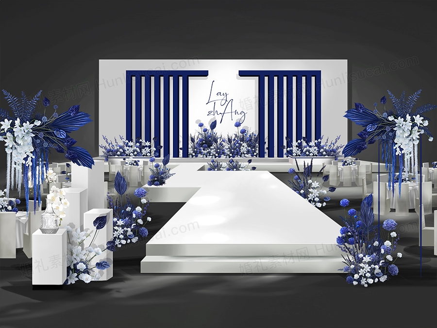 蓝白色INS简约创意秀场风韩式婚礼设计手绘效果图素材psd - 婚礼素材网