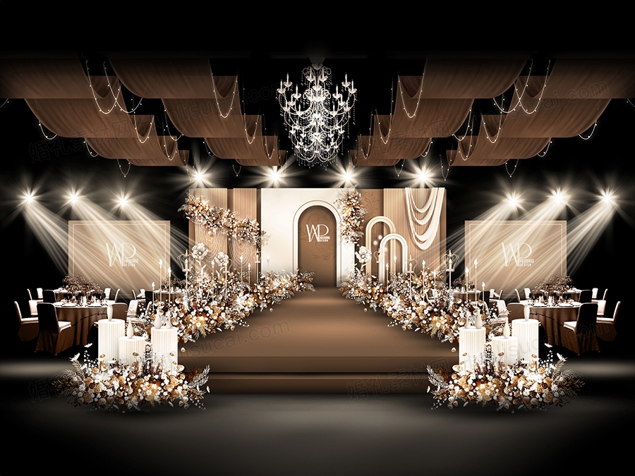 奶咖色泰式简约风格高端婚礼设计效果图舞台合影签到背景PSD素材 - 婚礼素材网