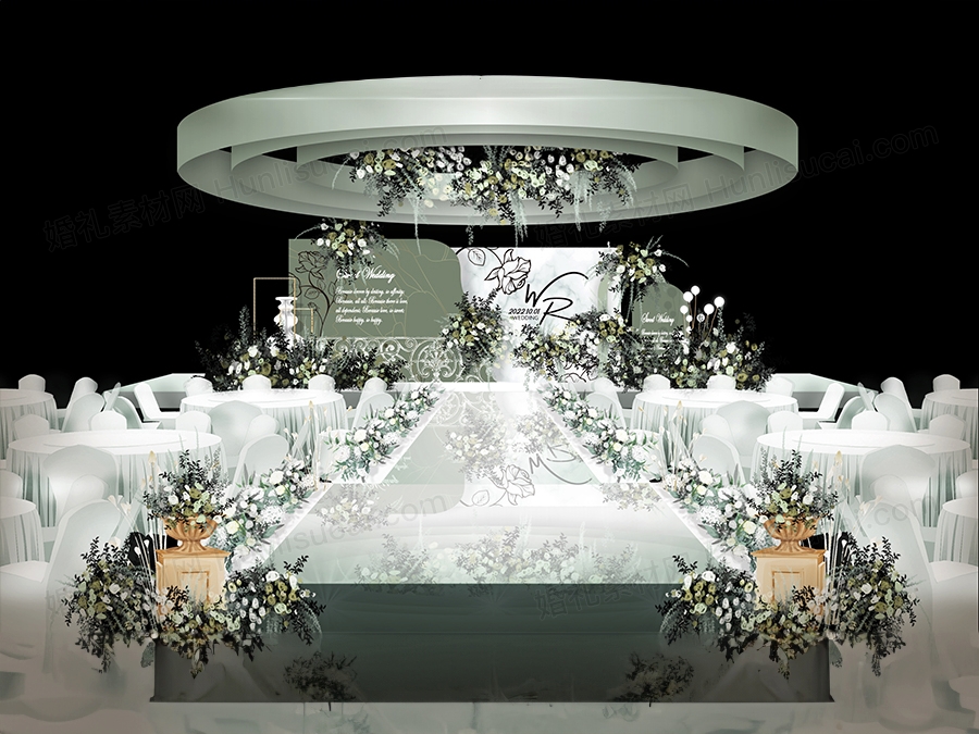 莫兰迪绿色灰绿色小香风婚礼设计效果图舞台照片墙展示区背景素材 - 婚礼素材网