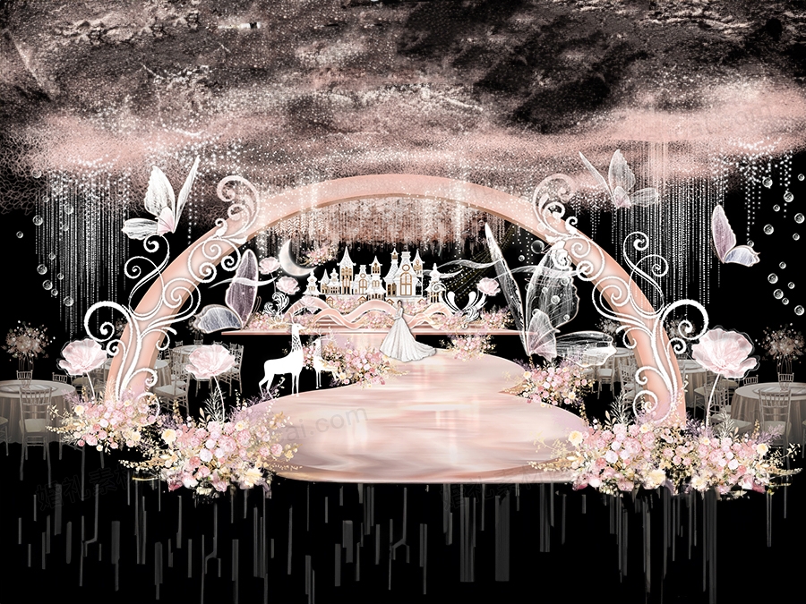粉色创意浪漫公主城堡梦中的婚礼高端婚礼设计效果图方案素材 - 婚礼素材网