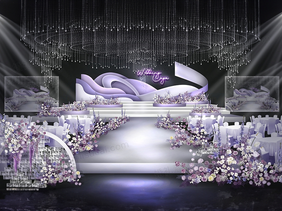 紫色弧形高端创意泰式婚礼设计舞台水晶吊灯水晶砖效果图素材 - 婚礼素材网