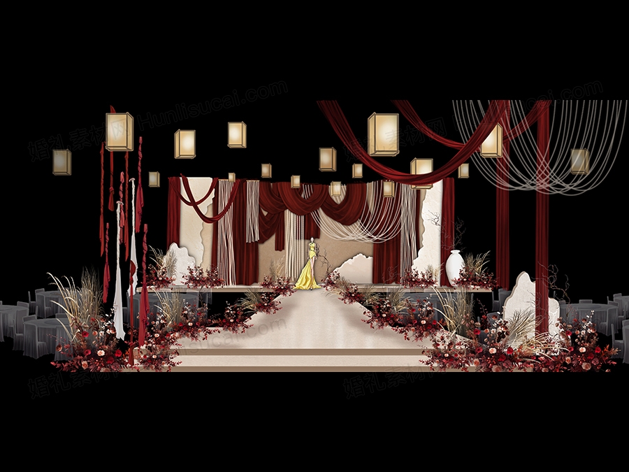 红色奶咖色侘寂风新中式现代古典婚礼设计效果图素材psd源文件 - 婚礼素材网