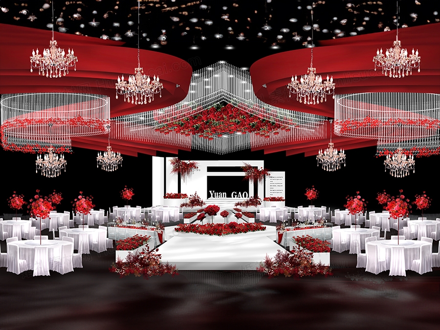 红白色喜庆大气秀场风高端水晶吊灯婚礼设计舞台效果图素材psd - 婚礼素材网