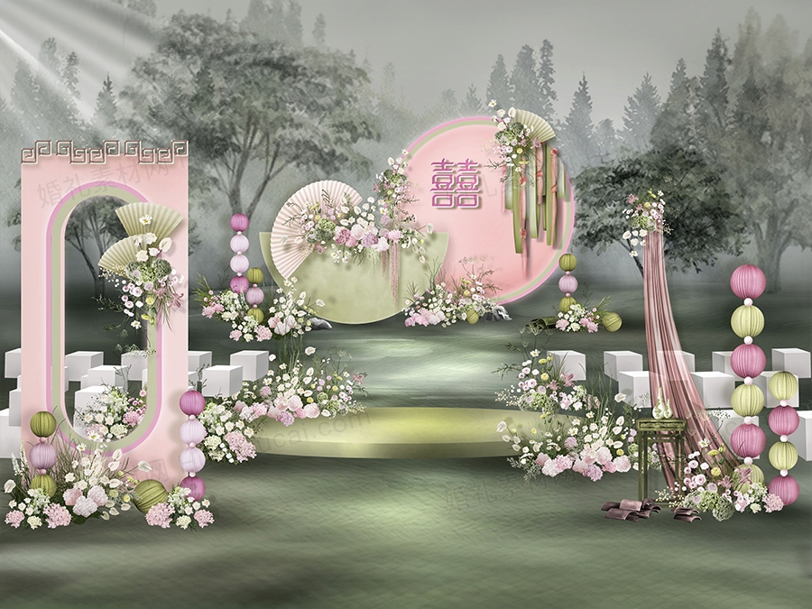 粉色绿色新中式户外草坪婚礼设计效果图素材psd源文件 - 婚礼素材网