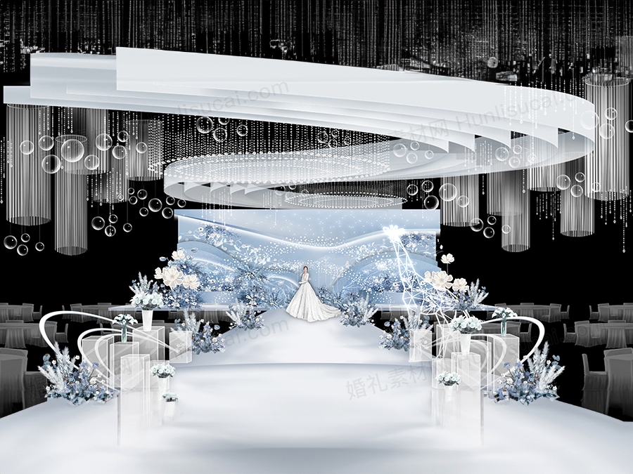 浅蓝色白色花瓣创意现代布艺水晶吊顶婚礼设计效果图素材psd - 婚礼素材网
