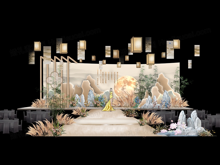 香槟色咖色新中式古典月亮假山国画背景婚礼设计效果图素材psd - 婚礼素材网