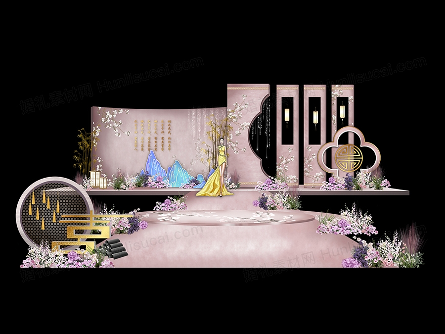 粉色国潮新中式婚礼设计效果图舞台展示区PSD素材源文件 - 婚礼素材网