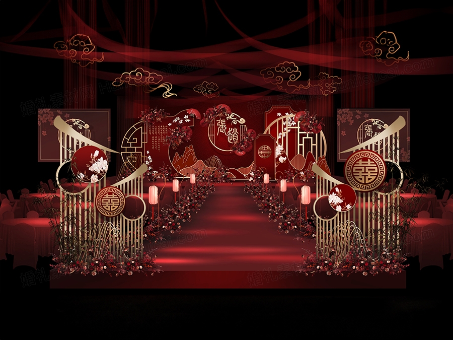 大红色酒红色中式古典喜庆传统婚礼设计效果图背景方案素材psd - 婚礼素材网