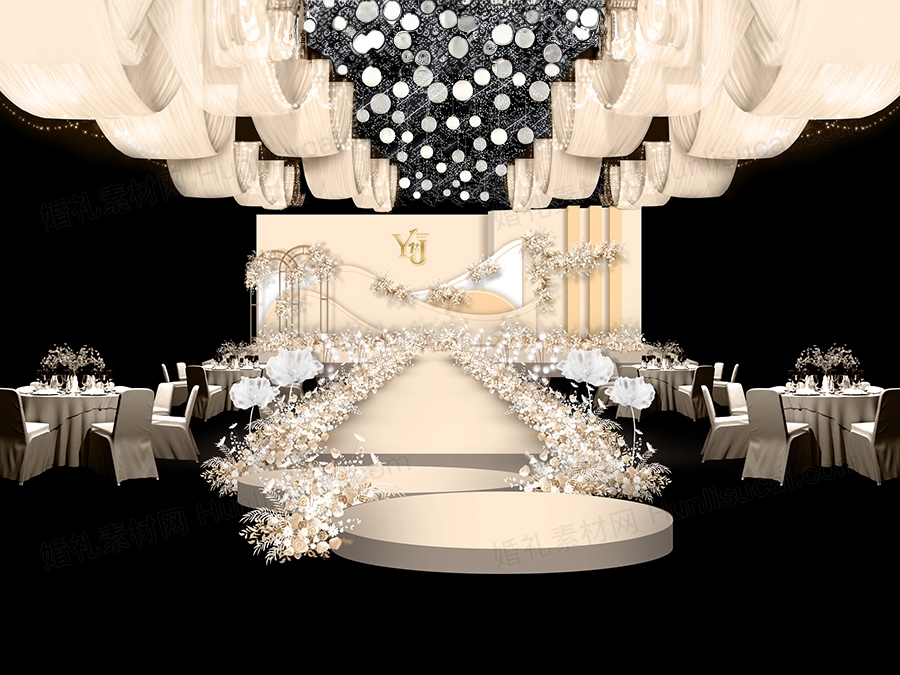 香槟色简约INS高端舞台展示区签到区布艺吊顶效果图素材婚礼 - 婚礼素材网