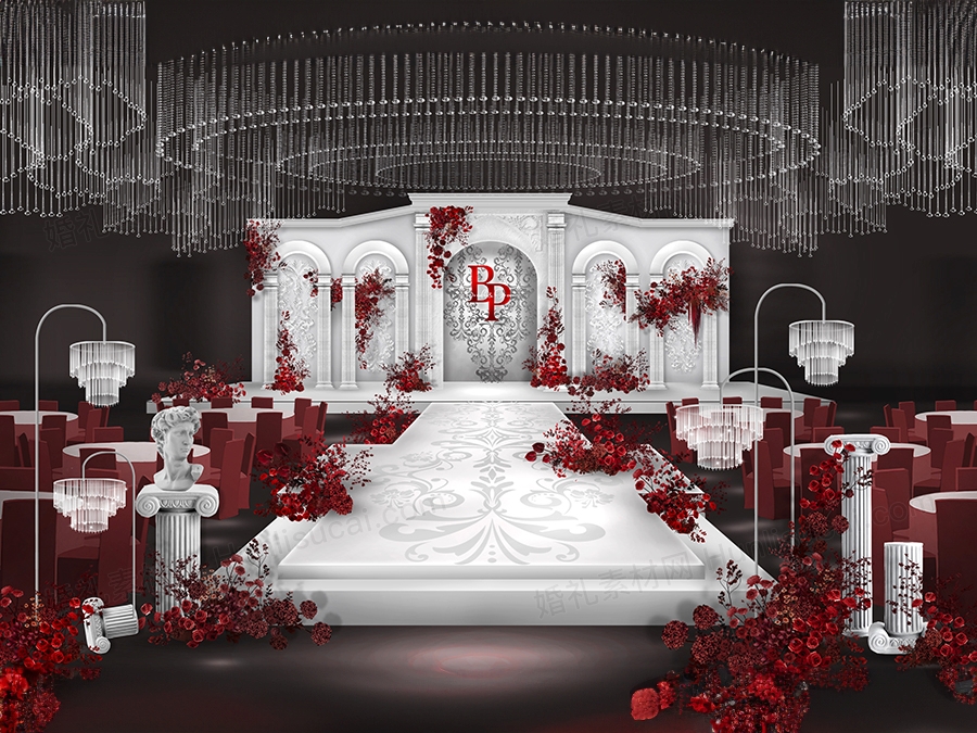 红白色法式欧式水晶吊顶水晶路引罗马柱拱门婚礼设计效果图素材 - 婚礼素材网