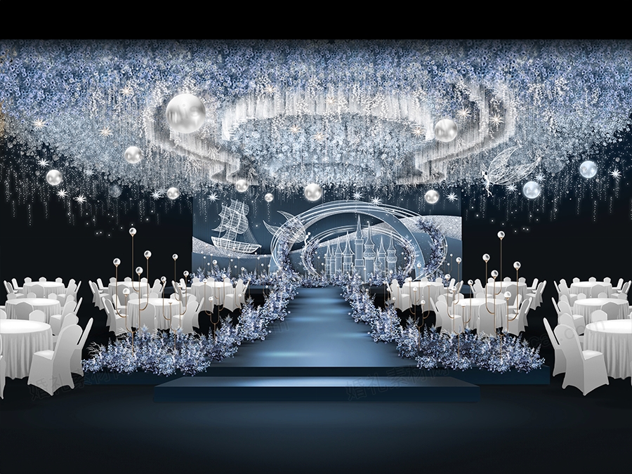雾霾蓝莫兰迪蓝色发光城堡帆船婚礼设计效果图背景素材psd - 婚礼素材网