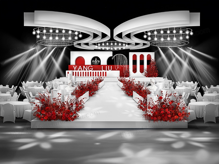 红白色INS简约干净整洁舞台拱门婚礼设计效果图背景方案素材 - 婚礼素材网