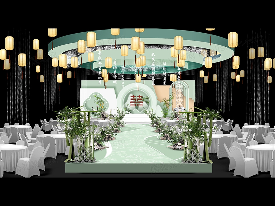 绿色系国潮风格创意新中式婚礼设计舞台效果图灯笼吊顶psd素材 - 婚礼素材网