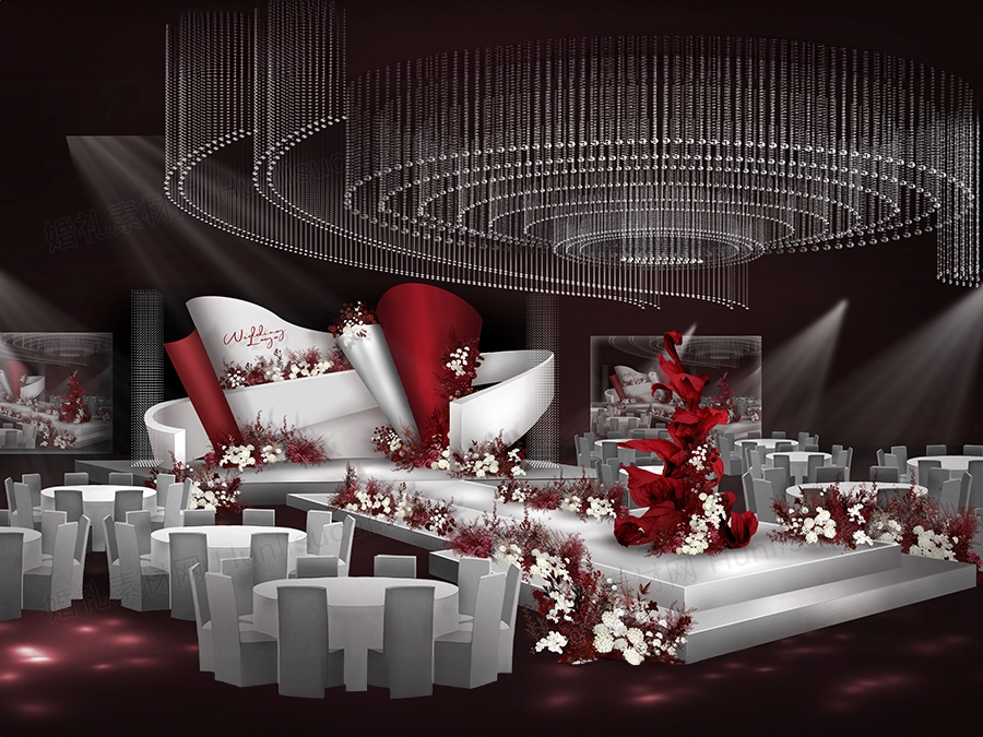 红色白色弧形背景珠帘吊顶小众风格婚礼设计舞台效果图素材psd - 婚礼素材网