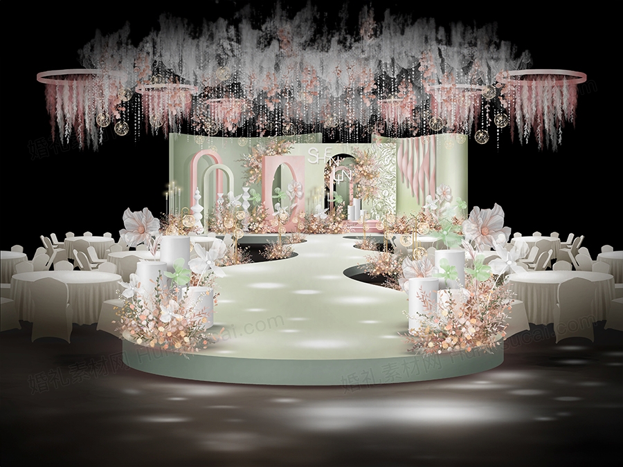 粉绿色粉红色小清新法式高端婚礼设计舞台效果图背景素材psd - 婚礼素材网