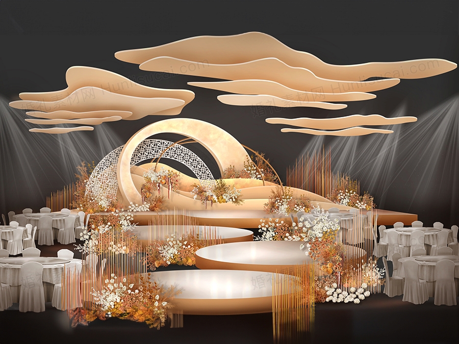 橙色晚霞夕阳风格云朵吊顶圆弧创意背景婚礼设计效果图素材psd - 婚礼素材网