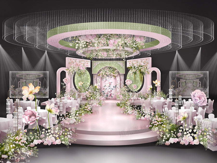 粉色绿色撞色风小碎花小清新风格婚礼设计舞台效果图背景素材 - 婚礼素材网
