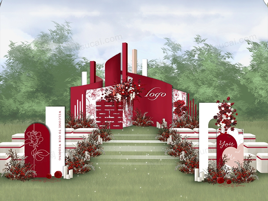 红色白色户外草坪婚礼设计效果图舞台展示区迎宾区背景素材psd - 婚礼素材网