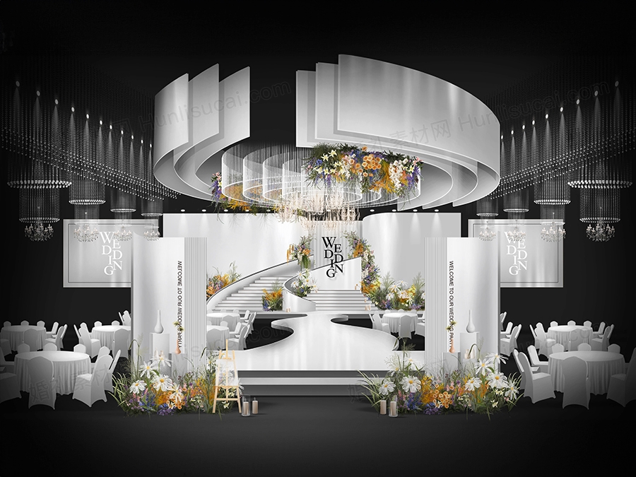 白色简约韩式高端婚礼设计舞台效果图背景方案素材psd源文件 - 婚礼素材网