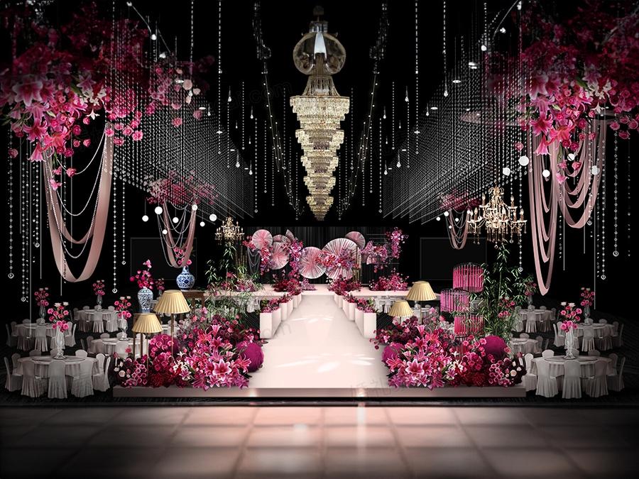 粉色纸扇圆形纸花枚红色花艺婚礼设计效果图舞台素材psd源文件 - 婚礼素材网