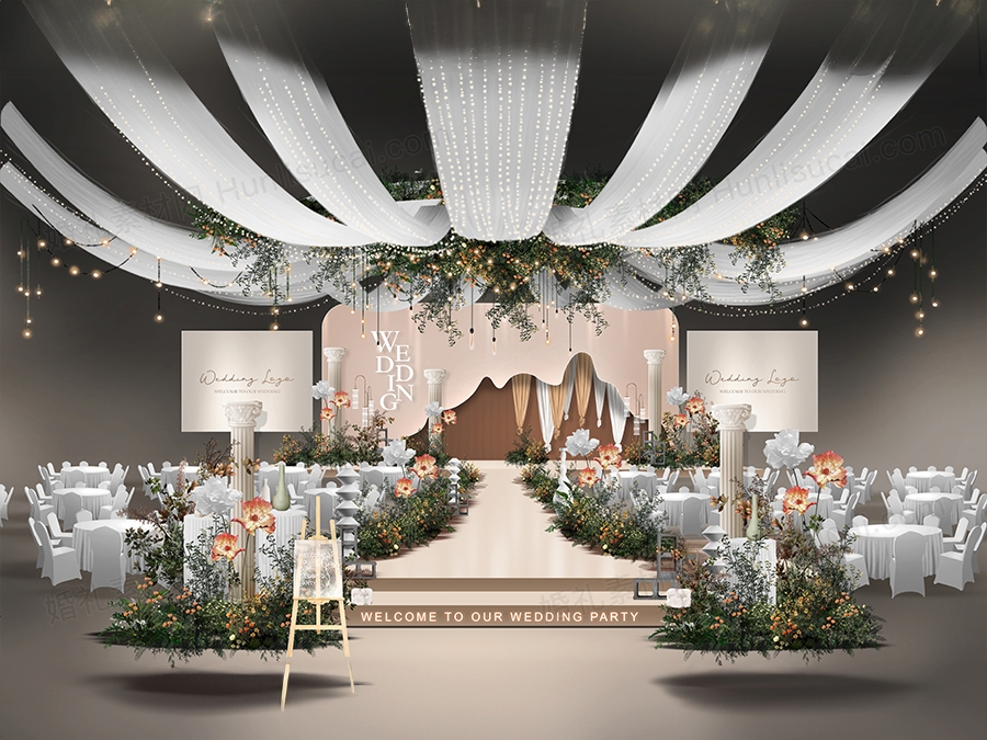 咖色泰式婚礼设计高端创意舞台效果图背景方案素材psd源文件 - 婚礼素材网