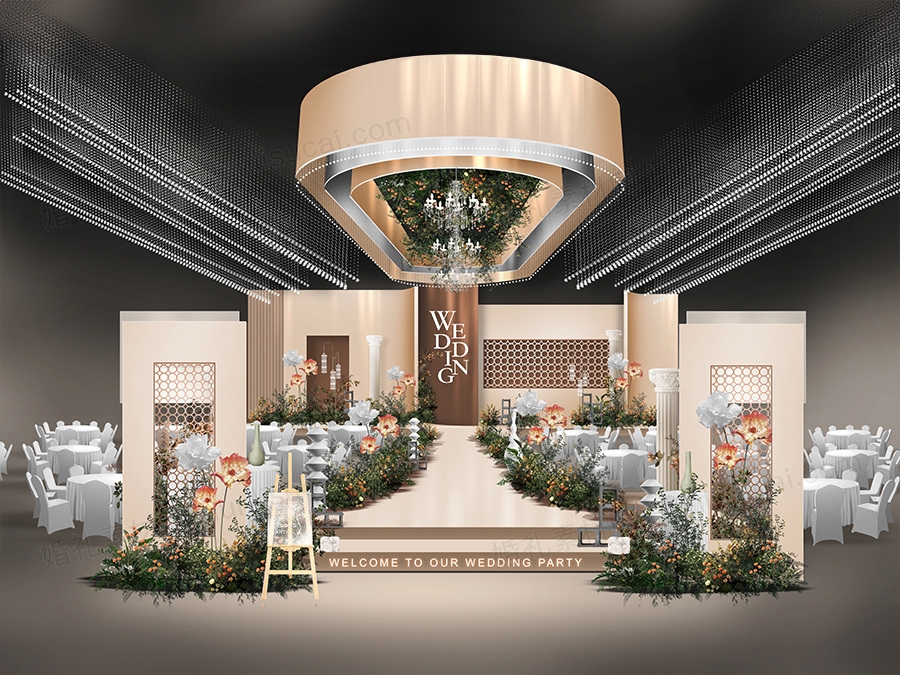咖啡色香槟色婚礼设计效果图舞台展示区签到区背景方案素材psd - 婚礼素材网