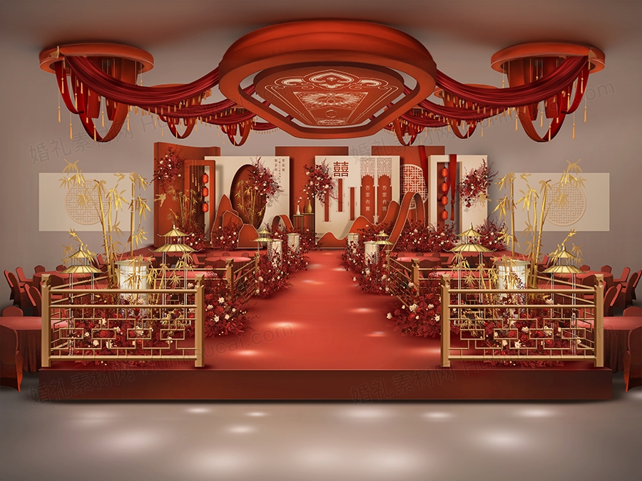 红色香槟色古典新中式喜庆婚礼设计效果图背景方案素材psd - 婚礼素材网
