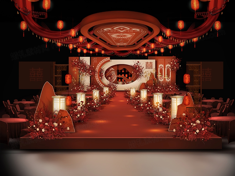 红色香槟色古典新中式传统高端婚礼设计效果图背景方案素材psd - 婚礼素材网
