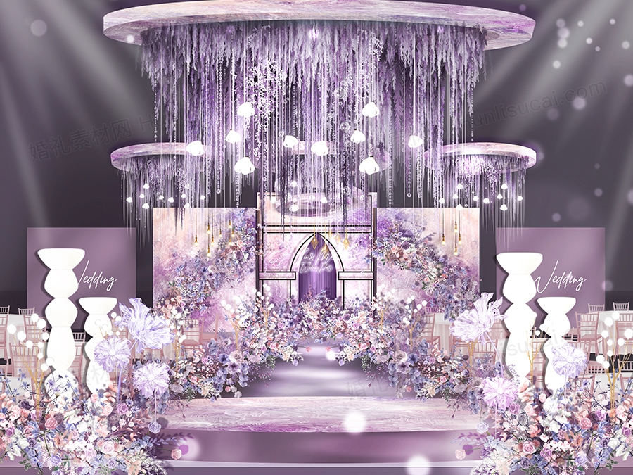 紫色水彩油画背景浪漫婚礼设计效果图舞台布置背景方案素材psd - 婚礼素材网