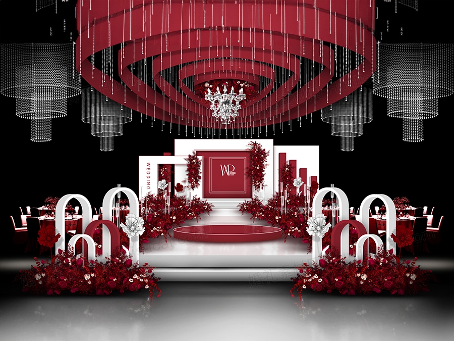 红白色秀场风格高端婚礼设计水晶布艺吊顶舞台效果图素材psd - 婚礼素材网