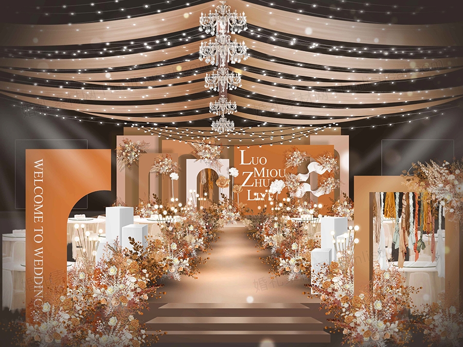 橘色咖色泰式婚礼设计效果图背景方案喷绘KT板舞台PSD素材 - 婚礼素材网