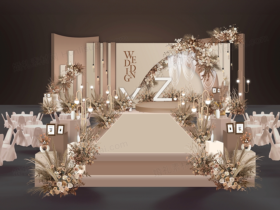 奶咖色莫兰迪色泰式侘寂风格婚礼设计效果图背景方案素材psd - 婚礼素材网