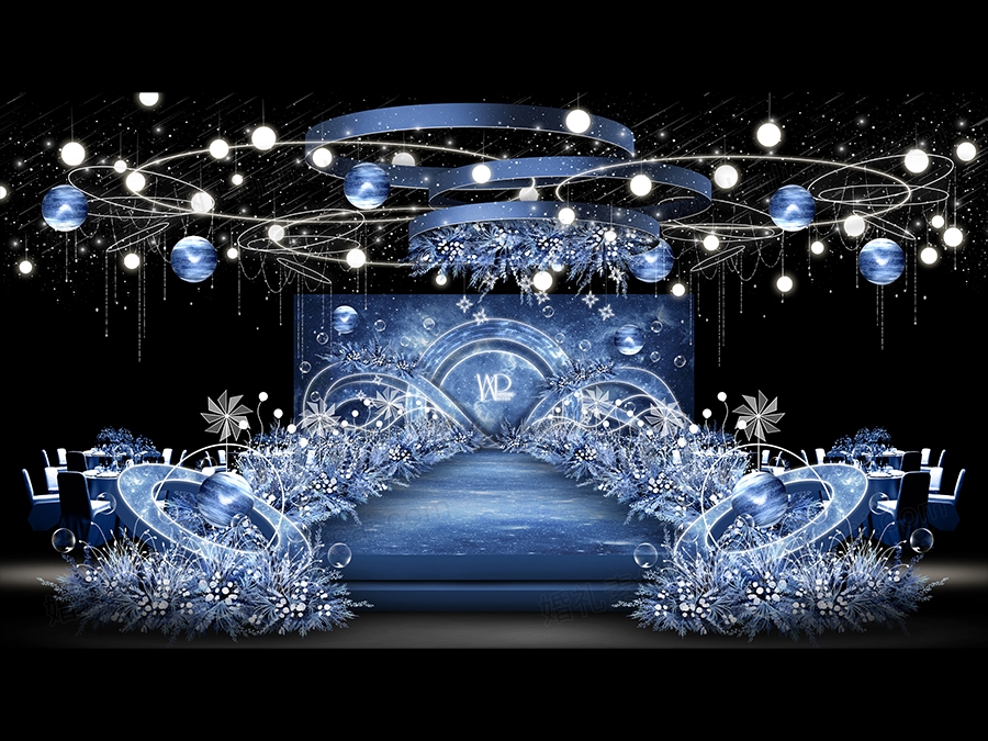 蓝色星空主题婚礼效果图背景设计舞台展示区签到区背景素材psd - 婚礼素材网