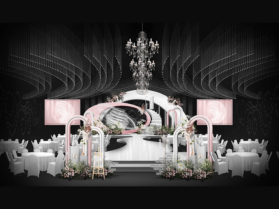 白色粉色高端圆弧创意背景线帘吊顶月球背景婚礼设计素材效果图 - 婚礼素材网
