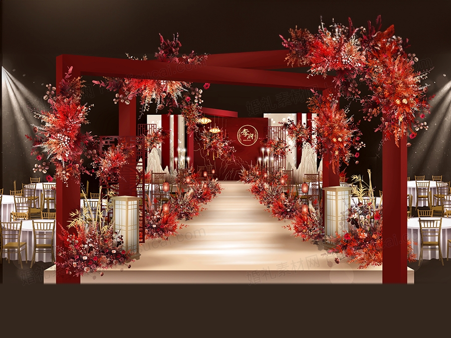 红色喜庆古典新中式婚礼设计效果图素材psd源文件 - 婚礼素材网